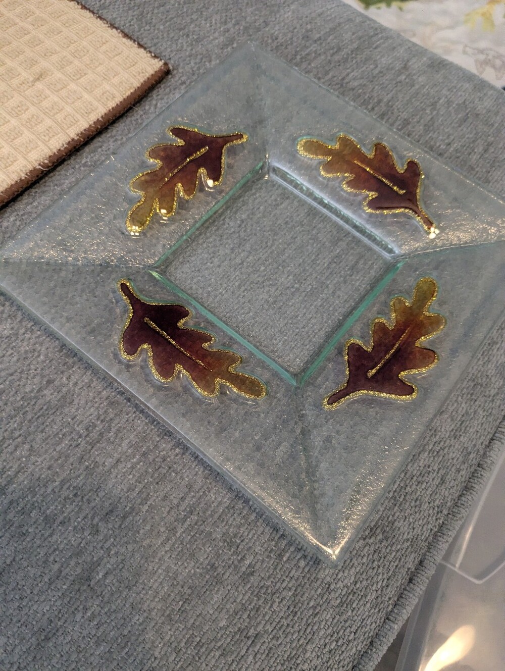 Decorative Glass Candy Dish with Gold-Edged Autumn Leaves - Brown/Gold